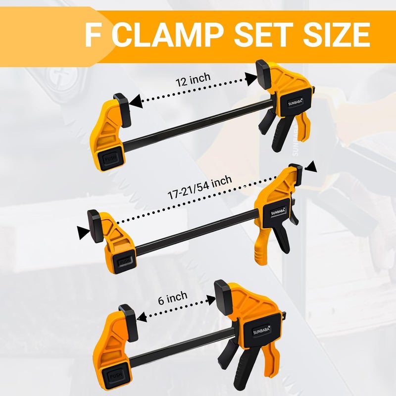 Sunbaba 6 Pack Clamps for Woodworking 12”(4)&6”(2) Light Duty One-Handed F Clamp/Spreader Bar Clamps Set 150LBS Load Limit with Quick Change Button - Image 2
